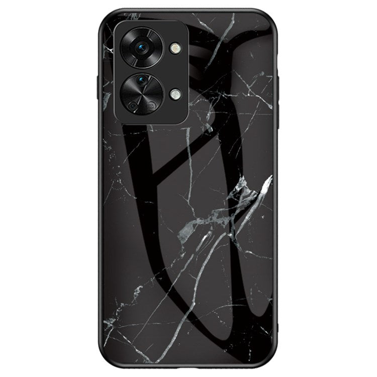 For OnePlus Nord 2T 5G Tempered Glass + PC Back TPU Frame Hybrid Cover Marble Pattern Shockproof Anti-scratch Phone Shell - Black Marble