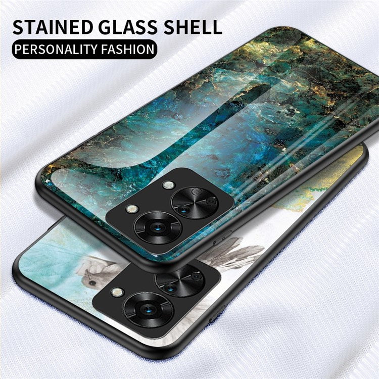 For OnePlus Nord 2T 5G Tempered Glass + PC Back TPU Frame Hybrid Cover Marble Pattern Shockproof Anti-scratch Phone Shell - White Marble