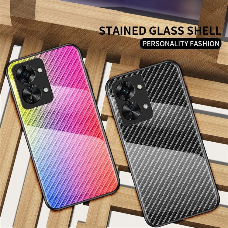 For OnePlus Nord 2T 5G Carbon Fiber Texture Shock Absorption Protection Tempered Glass Case Hard PC Soft TPU Anti-drop Cover - Blue Fiber