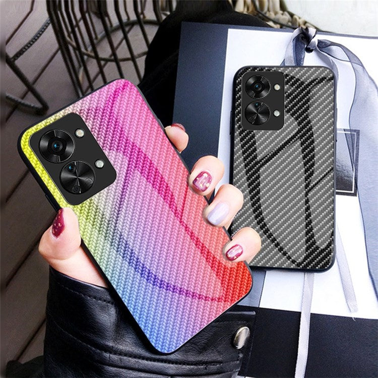For OnePlus Nord 2T 5G Carbon Fiber Texture Shock Absorption Protection Tempered Glass Case Hard PC Soft TPU Anti-drop Cover - Black Fiber