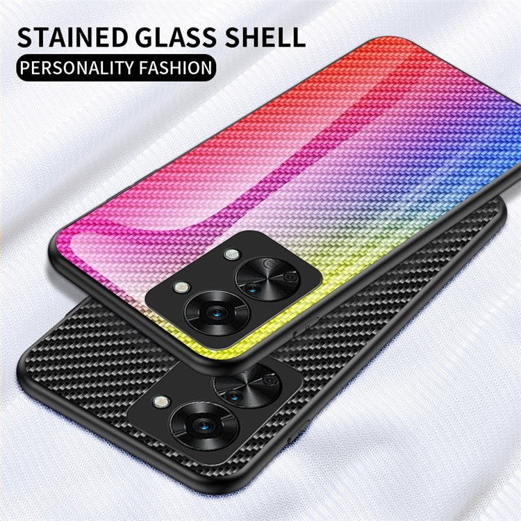 For OnePlus Nord 2T 5G Carbon Fiber Texture Shock Absorption Protection Tempered Glass Case Hard PC Soft TPU Anti-drop Cover - Black Fiber