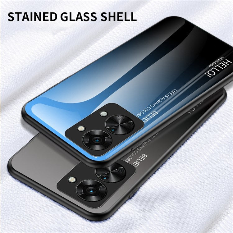 For OnePlus Nord 2T 5G Shockproof Gradient Color Tempered Glass Case Hard PC Soft TPU Frame Cover Protector - Black