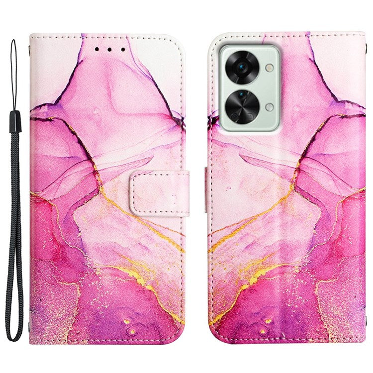 YB Pattern Printing Leather Series-5 for OnePlus Nord 2T 5G Marble Pattern Printing Handbag PU Leather Stand Function Wallet Flip Cover with Strap - Pink/Purple/Gold 001