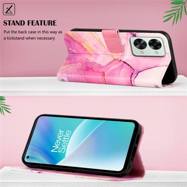 YB Pattern Printing Leather Series-5 for OnePlus Nord 2T 5G Marble Pattern Printing Handbag PU Leather Stand Function Wallet Flip Cover with Strap - Pink/Purple/Gold 001