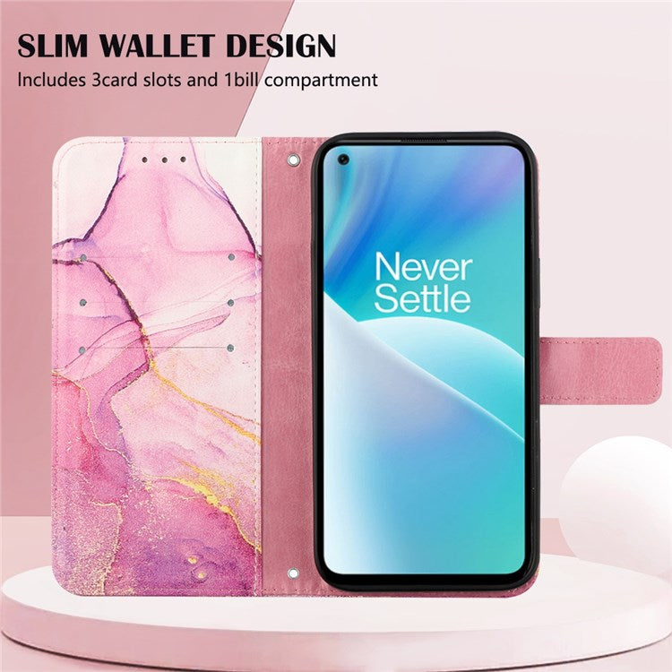 YB Pattern Printing Leather Series-5 for OnePlus Nord 2T 5G Marble Pattern Printing Handbag PU Leather Stand Function Wallet Flip Cover with Strap - Pink/Purple/Gold 001