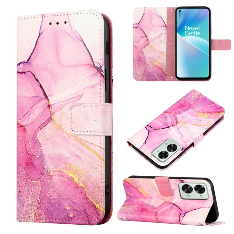 YB Pattern Printing Leather Series-5 for OnePlus Nord 2T 5G Marble Pattern Printing Handbag PU Leather Stand Function Wallet Flip Cover with Strap - Pink/Purple/Gold 001