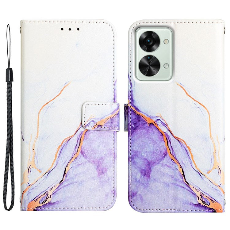 YB Pattern Printing Leather Series-5 for OnePlus Nord 2T 5G Marble Pattern Printing Handbag PU Leather Stand Function Wallet Flip Cover with Strap - White/Purple 006