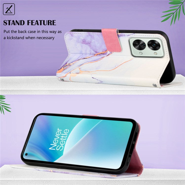 YB Pattern Printing Leather Series-5 for OnePlus Nord 2T 5G Marble Pattern Printing Handbag PU Leather Stand Function Wallet Flip Cover with Strap - White/Purple 006
