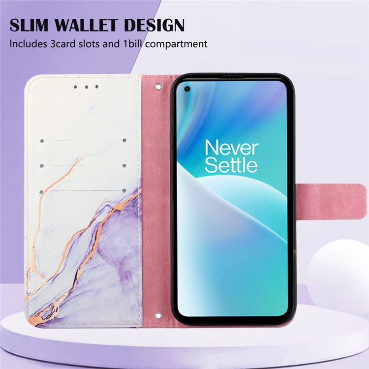 YB Pattern Printing Leather Series-5 for OnePlus Nord 2T 5G Marble Pattern Printing Handbag PU Leather Stand Function Wallet Flip Cover with Strap - White/Purple 006