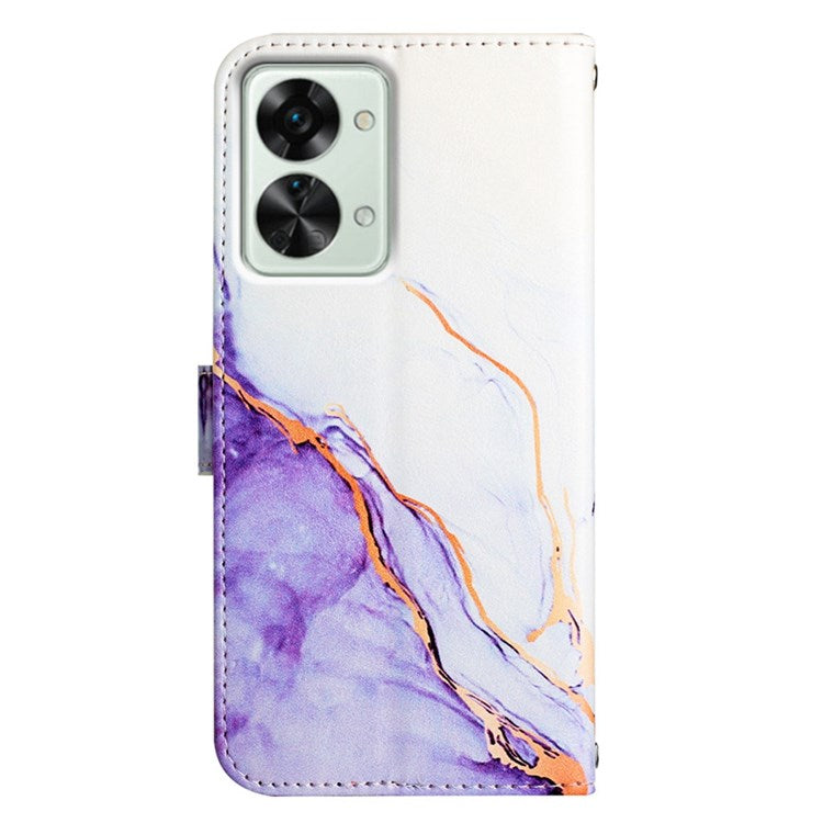 YB Pattern Printing Leather Series-5 for OnePlus Nord 2T 5G Marble Pattern Printing Handbag PU Leather Stand Function Wallet Flip Cover with Strap - White/Purple 006