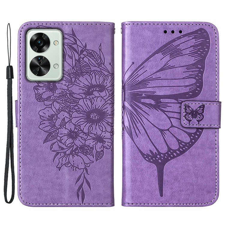 YB Imprinting Flower Series-4 for OnePlus Nord 2T 5G Butterfly Flower Imprinted Leather Case Full Protection Phone Cover with Stand Wallet - Light Purple