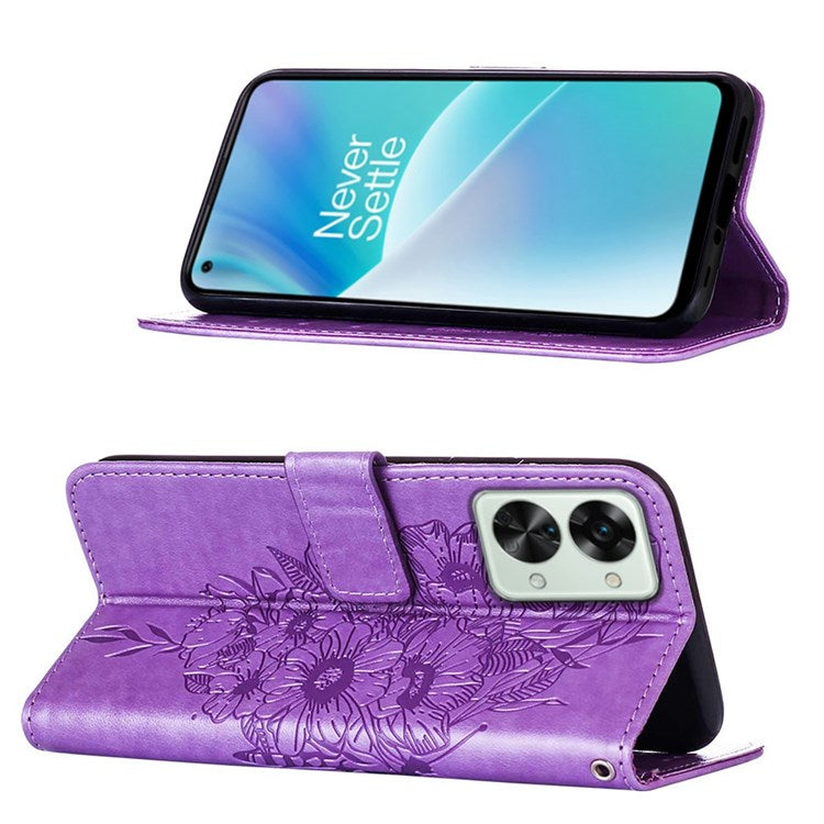 YB Imprinting Flower Series-4 for OnePlus Nord 2T 5G Butterfly Flower Imprinted Leather Case Full Protection Phone Cover with Stand Wallet - Light Purple