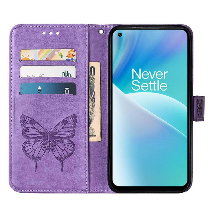 YB Imprinting Flower Series-4 for OnePlus Nord 2T 5G Butterfly Flower Imprinted Leather Case Full Protection Phone Cover with Stand Wallet - Light Purple