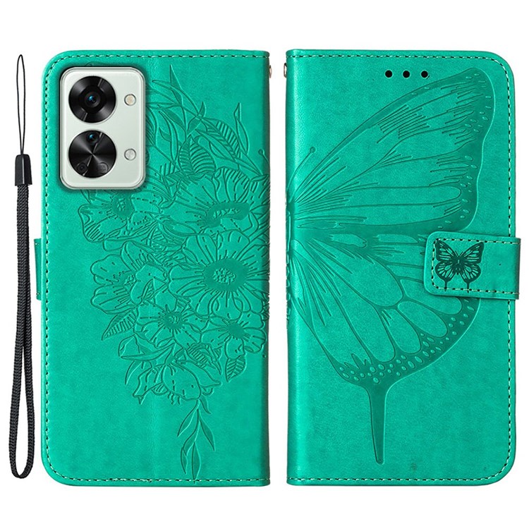 YB Imprinting Flower Series-4 for OnePlus Nord 2T 5G Butterfly Flower Imprinted Leather Case Full Protection Phone Cover with Stand Wallet - Green