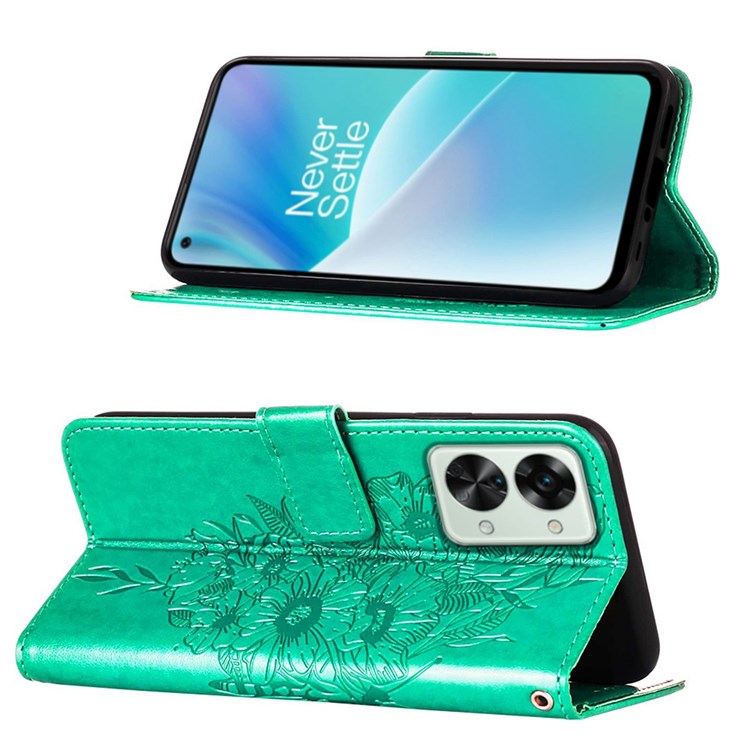 YB Imprinting Flower Series-4 for OnePlus Nord 2T 5G Butterfly Flower Imprinted Leather Case Full Protection Phone Cover with Stand Wallet - Green