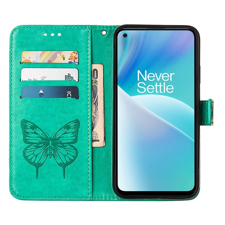 YB Imprinting Flower Series-4 for OnePlus Nord 2T 5G Butterfly Flower Imprinted Leather Case Full Protection Phone Cover with Stand Wallet - Green