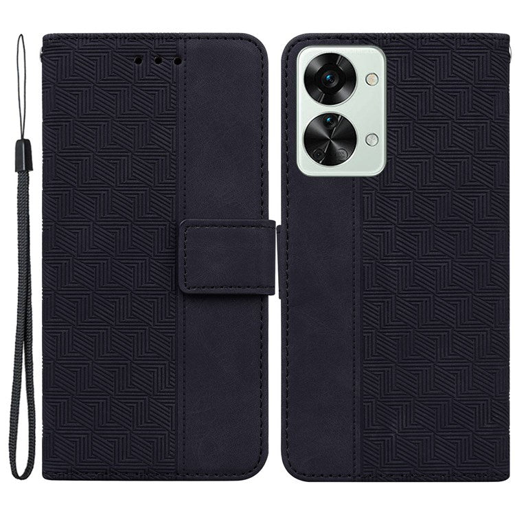 Geometry Pattern Imprinted Phone Case for OnePlus Nord 2T 5G, PU Leather TPU Stand Wallet All-round Protection Cover with Strap - Black