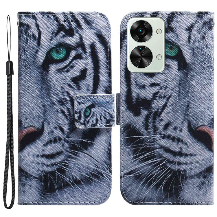 For OnePlus Nord 2T 5G Shockproof PU Leather Phone Case Anti-drop Pattern Printing Wallet Stand Magnetic Cover with Strap - Tiger Head