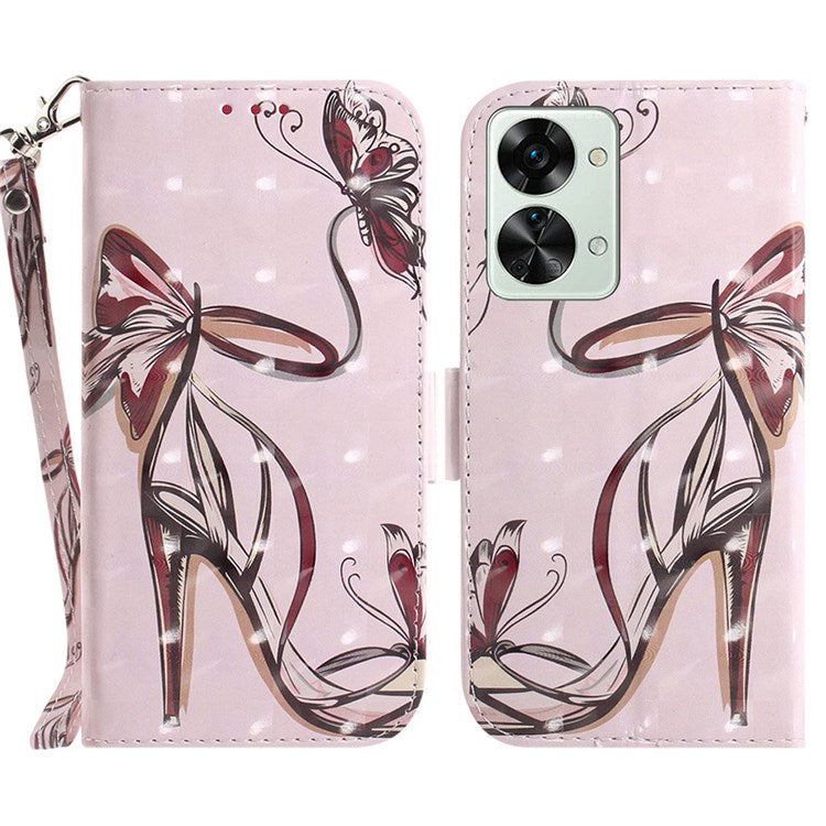 For OnePlus Nord 2T 5G Drop-proof Wallet Case 3D Pattern Printing PU Leather Wrist Strap Stand Feature Flip Cover - Butterfly High Heels