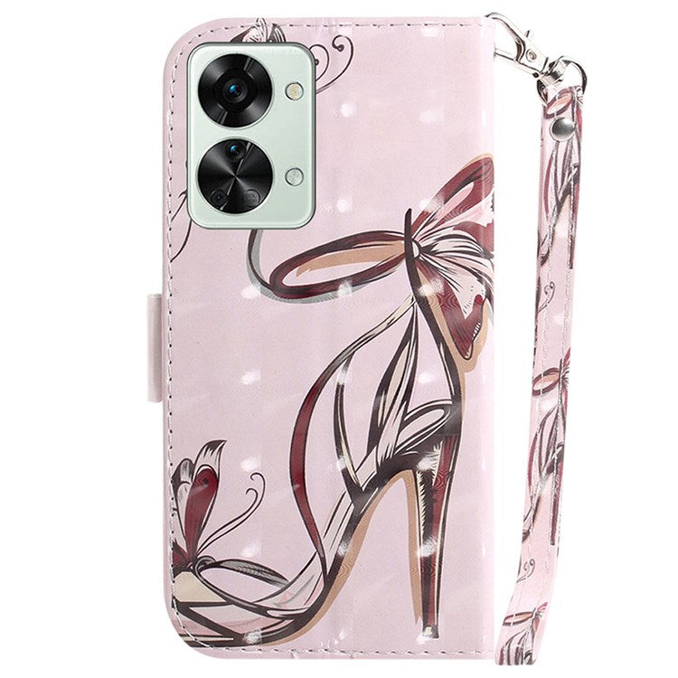 For OnePlus Nord 2T 5G Drop-proof Wallet Case 3D Pattern Printing PU Leather Wrist Strap Stand Feature Flip Cover - Butterfly High Heels