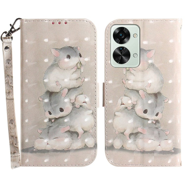 For OnePlus Nord 2T 5G Drop-proof Wallet Case 3D Pattern Printing PU Leather Wrist Strap Stand Feature Flip Cover - Stacking Squirrels