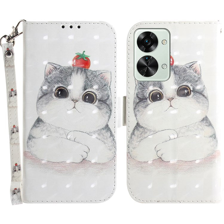 For OnePlus Nord 2T 5G Drop-proof Wallet Case 3D Pattern Printing PU Leather Wrist Strap Stand Feature Flip Cover - Cute Cat