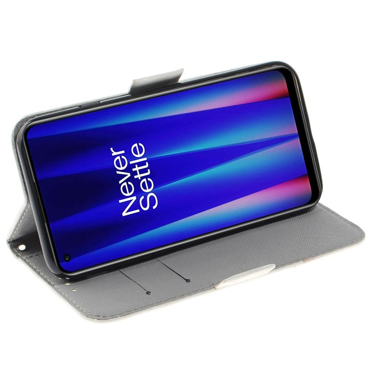 For OnePlus Nord 2T 5G Drop-proof Wallet Case 3D Pattern Printing PU Leather Wrist Strap Stand Feature Flip Cover - Cute Cat