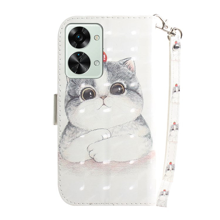 For OnePlus Nord 2T 5G Drop-proof Wallet Case 3D Pattern Printing PU Leather Wrist Strap Stand Feature Flip Cover - Cute Cat