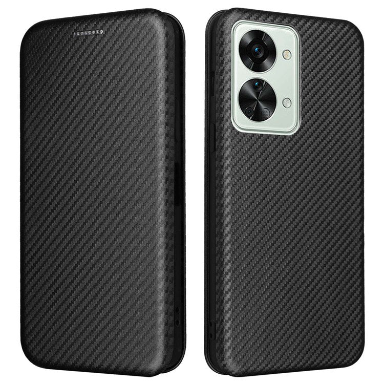 For OnePlus Nord 2T 5G Magnetic Auto-absorbed Anti-wear Carbon Fiber Texture Case PU Leather Stand Card Holder Function Shell - Black