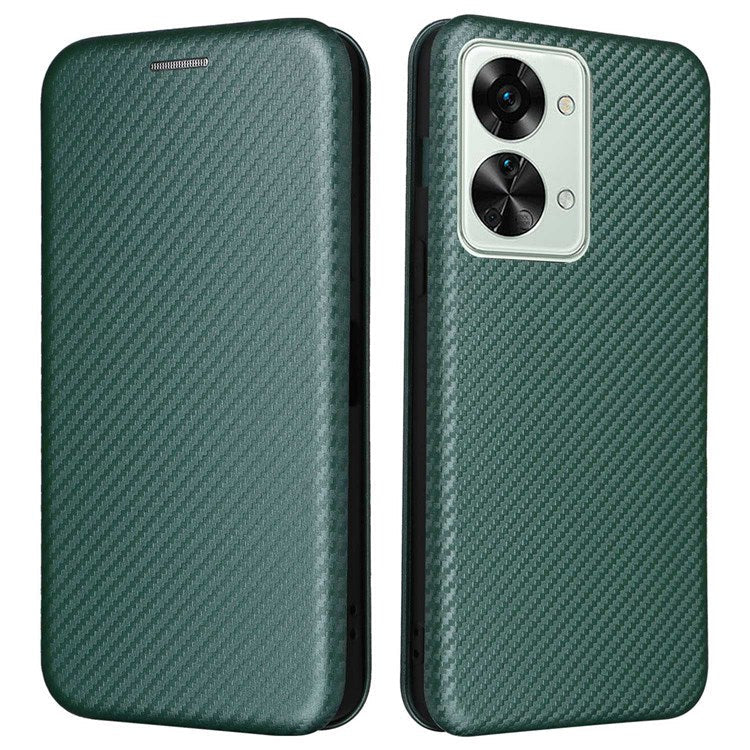 For OnePlus Nord 2T 5G Magnetic Auto-absorbed Anti-wear Carbon Fiber Texture Case PU Leather Stand Card Holder Function Shell - Green