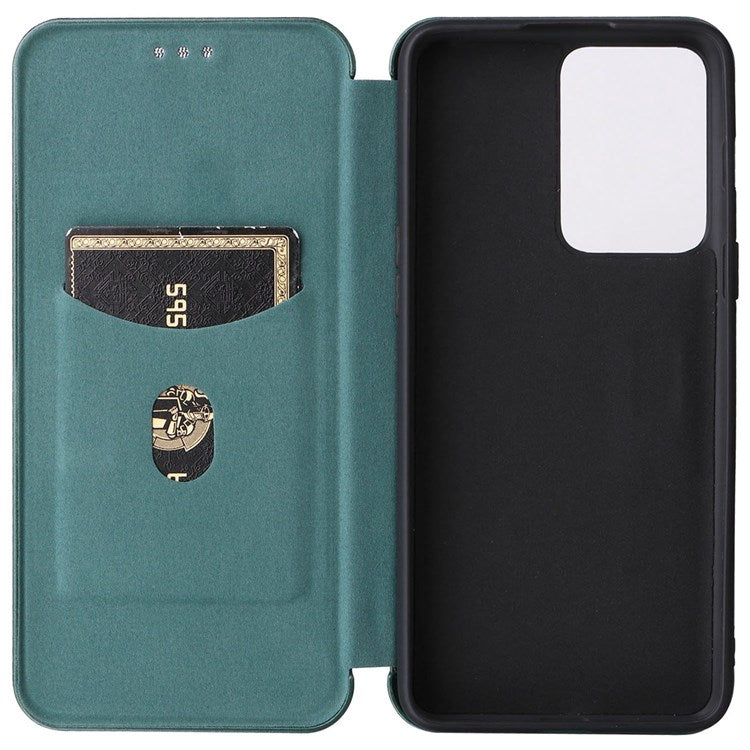 For OnePlus Nord 2T 5G Magnetic Auto-absorbed Anti-wear Carbon Fiber Texture Case PU Leather Stand Card Holder Function Shell - Green
