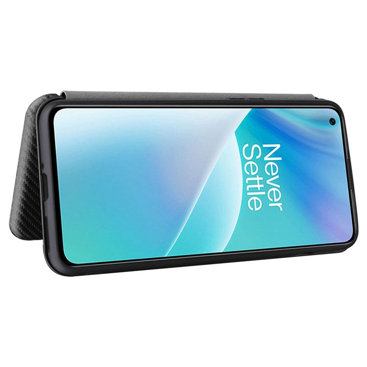 For OnePlus Nord 2T 5G Magnetic Auto-absorbed Anti-wear Carbon Fiber Texture Case PU Leather Stand Card Holder Function Shell - Green