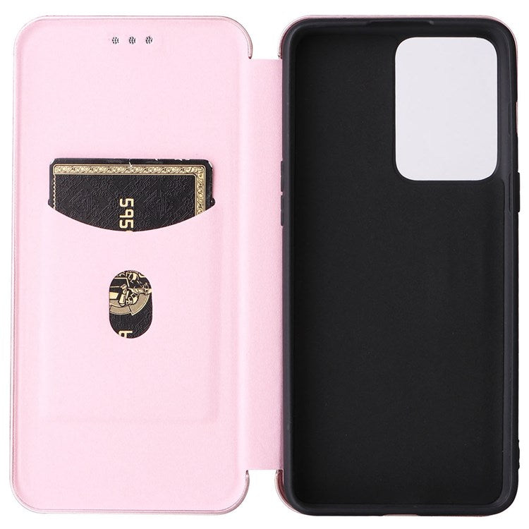 For OnePlus Nord 2T 5G Magnetic Auto-absorbed Anti-wear Carbon Fiber Texture Case PU Leather Stand Card Holder Function Shell - Rose Gold