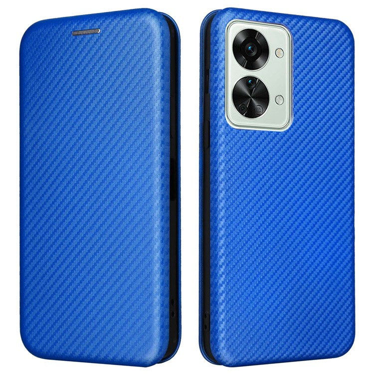 For OnePlus Nord 2T 5G Magnetic Auto-absorbed Anti-wear Carbon Fiber Texture Case PU Leather Stand Card Holder Function Shell - Blue