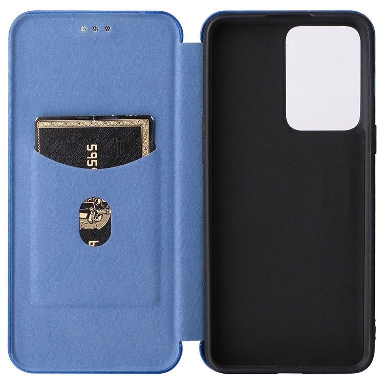 For OnePlus Nord 2T 5G Magnetic Auto-absorbed Anti-wear Carbon Fiber Texture Case PU Leather Stand Card Holder Function Shell - Blue