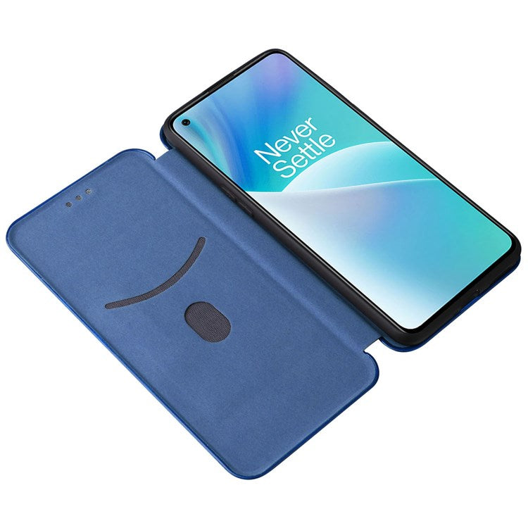 For OnePlus Nord 2T 5G Magnetic Auto-absorbed Anti-wear Carbon Fiber Texture Case PU Leather Stand Card Holder Function Shell - Blue