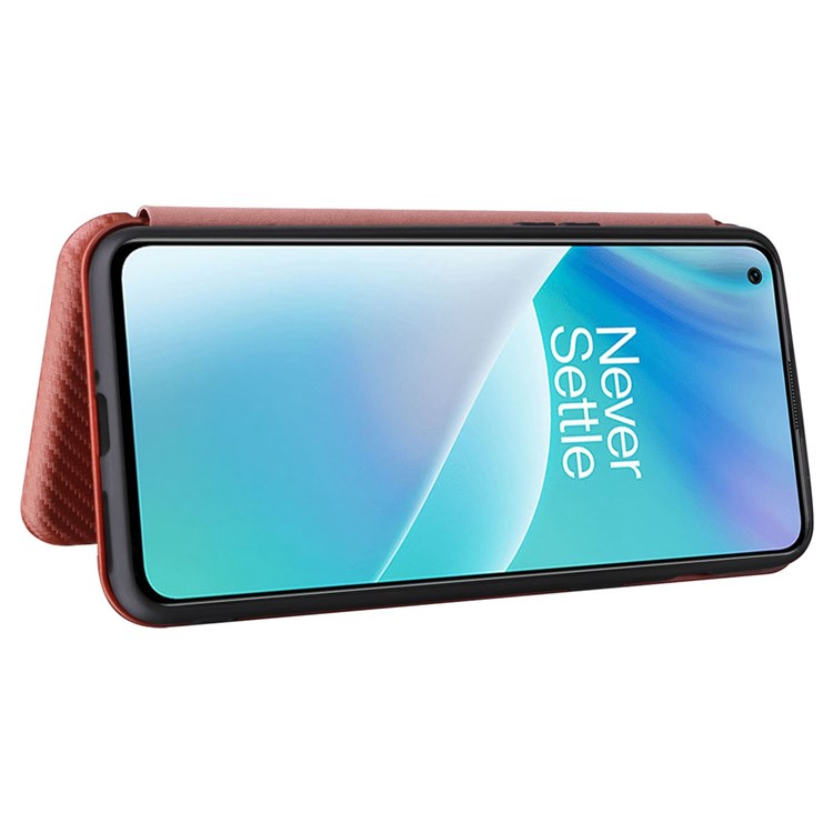For OnePlus Nord 2T 5G Magnetic Auto-absorbed Anti-wear Carbon Fiber Texture Case PU Leather Stand Card Holder Function Shell - Orange