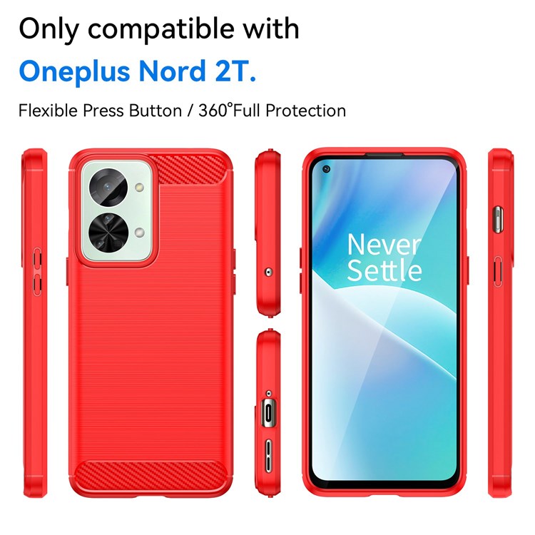 For OnePlus Nord 2T 5G Light Slim TPU Phone Case Carbon Fiber Texture Brushed Surface Shockproof Cover - Red