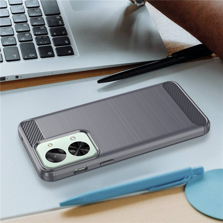 For OnePlus Nord 2T 5G Light Slim TPU Phone Case Carbon Fiber Texture Brushed Surface Shockproof Cover - Grey