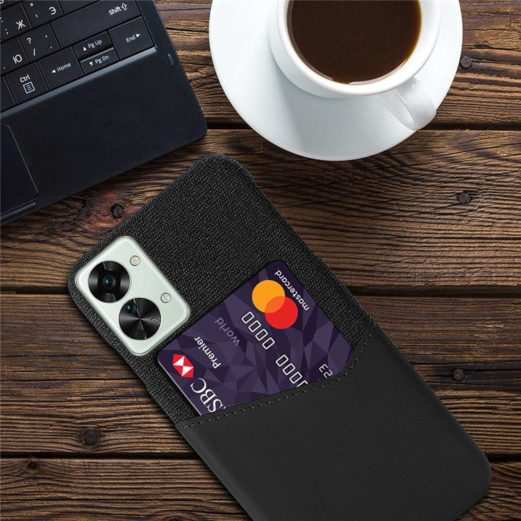 For OnePlus Nord 2T 5G Shockproof Protection Phone Case Cloth Texture PU Leather Coated PC Anti-scratch Cellphone Cover Card Holder - Black
