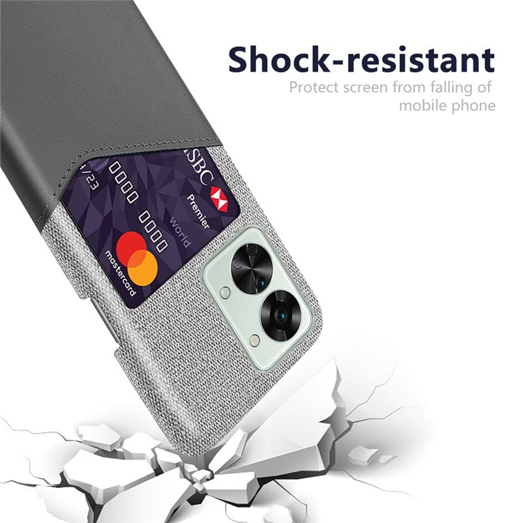 For OnePlus Nord 2T 5G Shockproof Protection Phone Case Cloth Texture PU Leather Coated PC Anti-scratch Cellphone Cover Card Holder - Grey