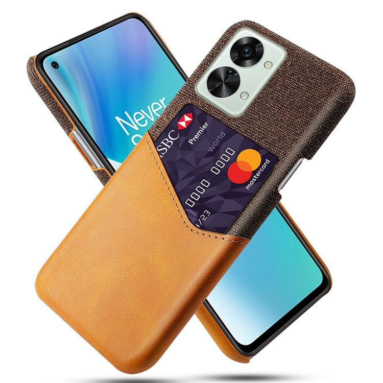 For OnePlus Nord 2T 5G Shockproof Protection Phone Case Cloth Texture PU Leather Coated PC Anti-scratch Cellphone Cover Card Holder - Orange