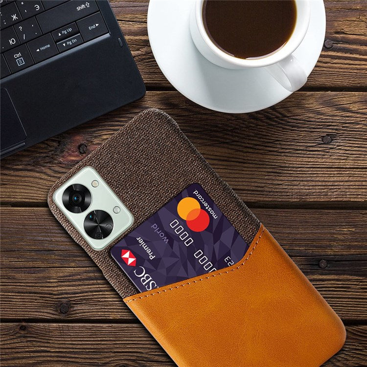 For OnePlus Nord 2T 5G Shockproof Protection Phone Case Cloth Texture PU Leather Coated PC Anti-scratch Cellphone Cover Card Holder - Orange