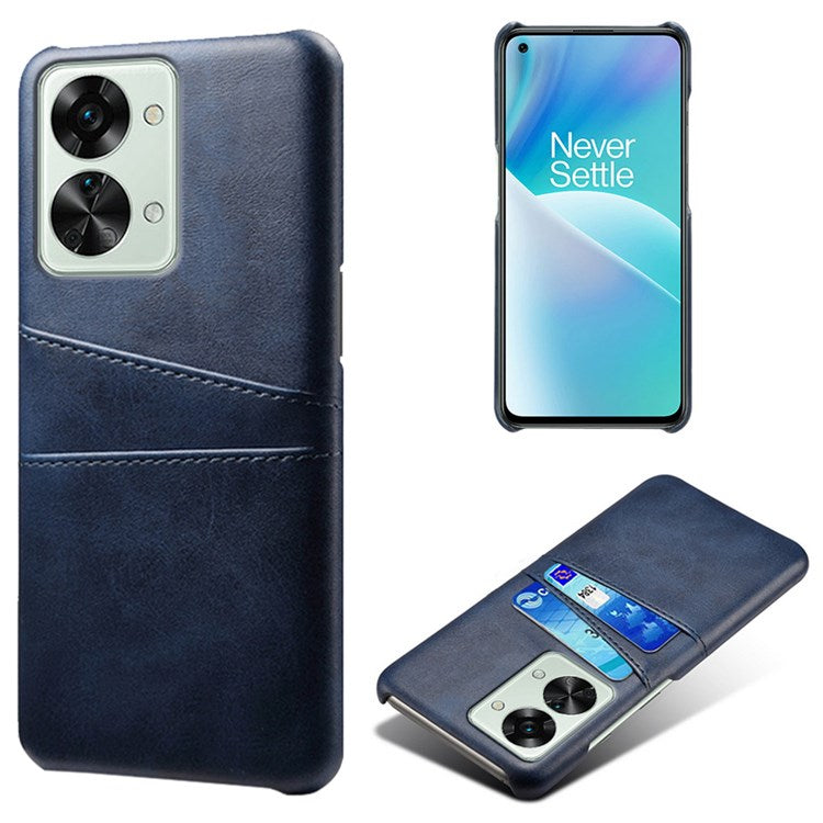 For OnePlus Nord 2T 5G Anti-drop Phone Case with Dual Card Slots PU Leather Coated Hard PC Shock-absorbing Back Cover Shell - Blue