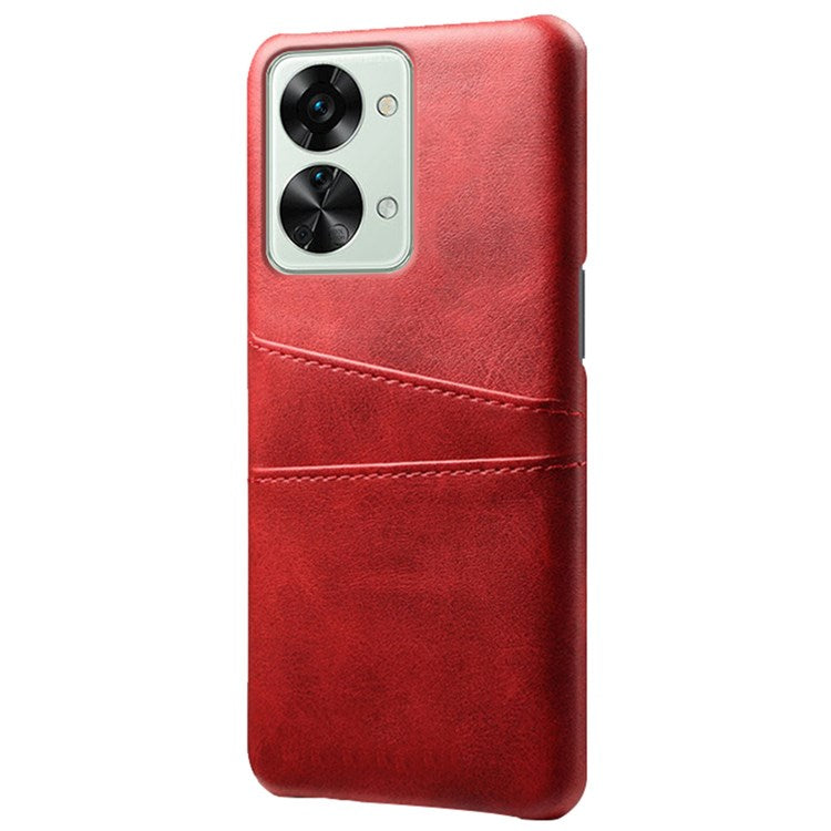 For OnePlus Nord 2T 5G Anti-drop Phone Case with Dual Card Slots PU Leather Coated Hard PC Shock-absorbing Back Cover Shell - Red