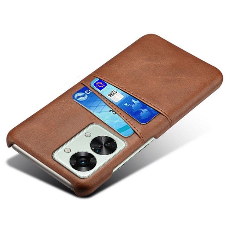 For OnePlus Nord 2T 5G Anti-drop Phone Case with Dual Card Slots PU Leather Coated Hard PC Shock-absorbing Back Cover Shell - Brown
