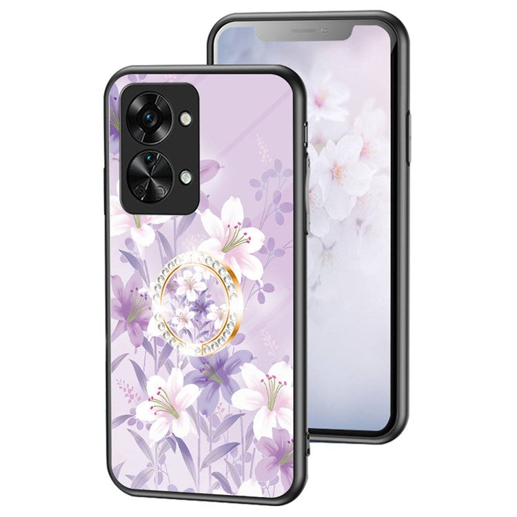 For OnePlus Nord 2T 5G Flower Pattern Printing Kickstand Phone Case TPU Frame PC Tempered Glass Back Cover - Purple Magnolia