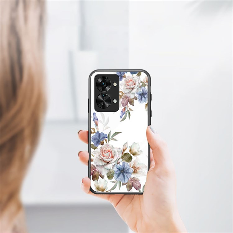 For OnePlus Nord 2T 5G Flower Pattern Printing Kickstand Phone Case TPU Frame PC Tempered Glass Back Cover - Purple Magnolia