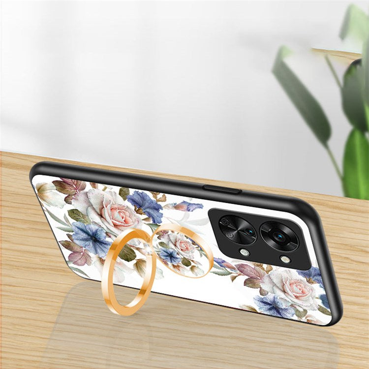 For OnePlus Nord 2T 5G Flower Pattern Printing Kickstand Phone Case TPU Frame PC Tempered Glass Back Cover - Glamorous Peony