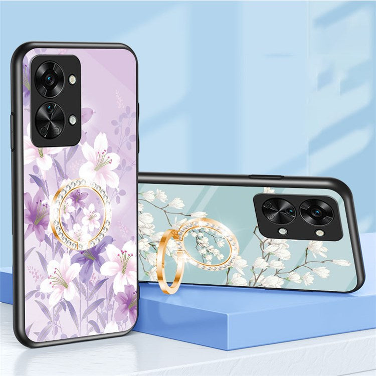 For OnePlus Nord 2T 5G Flower Pattern Printing Kickstand Phone Case TPU Frame PC Tempered Glass Back Cover - Glamorous Peony